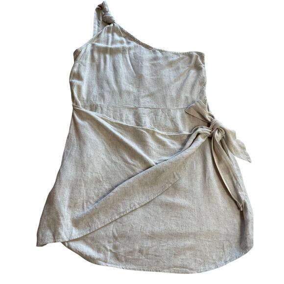 PrettyLittleThing Linen Blend One Shoulder Faux Wrap Ivory Mini Dress Size 12 - Picture 1 of 12